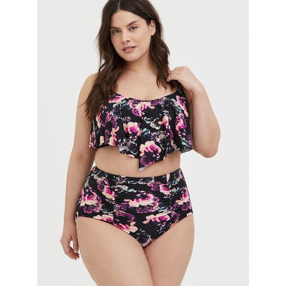 TORRID Wireless V Flounce Bikini Top in Dream Floral Sz 4X Black Pink Flattering - Picture 1 of 16
